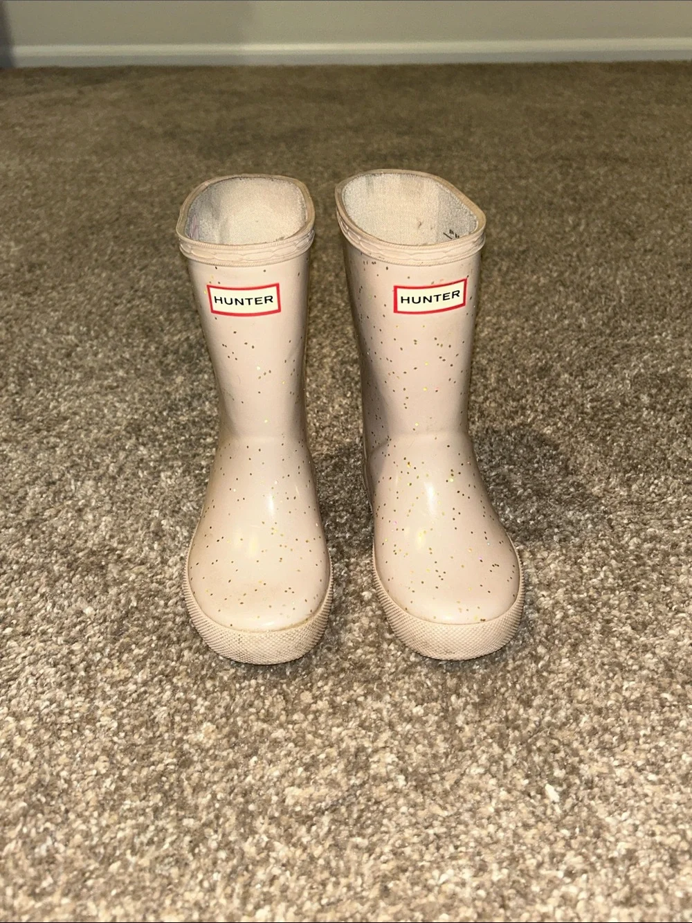 Hunter Kids Beige Pink Glitter Rubber Rain Boots